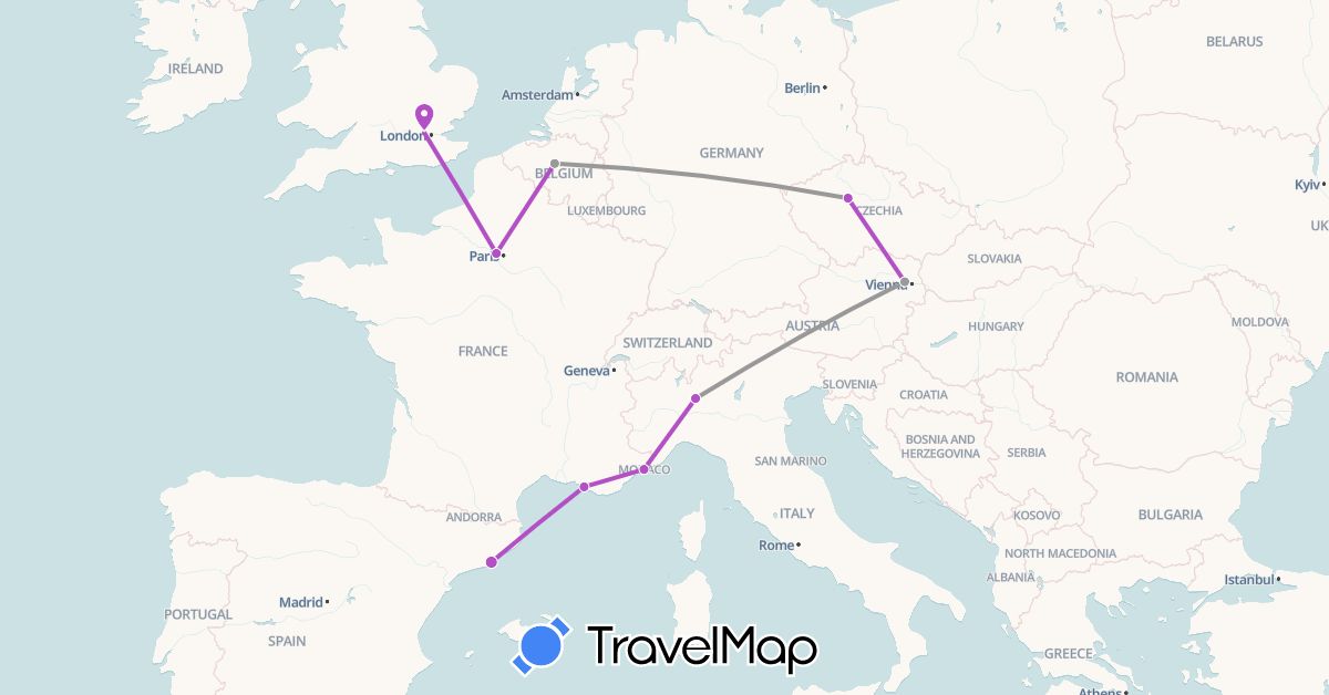 TravelMap itinerary: driving, plane, train in Austria, Belgium, Czech Republic, Spain, France, United Kingdom, Italy, Monaco (Europe)